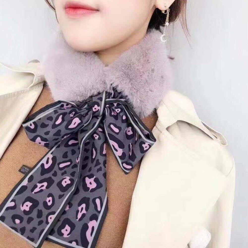 Women Scarf Bow Tie Warm Plush  Fur Purple Leopard